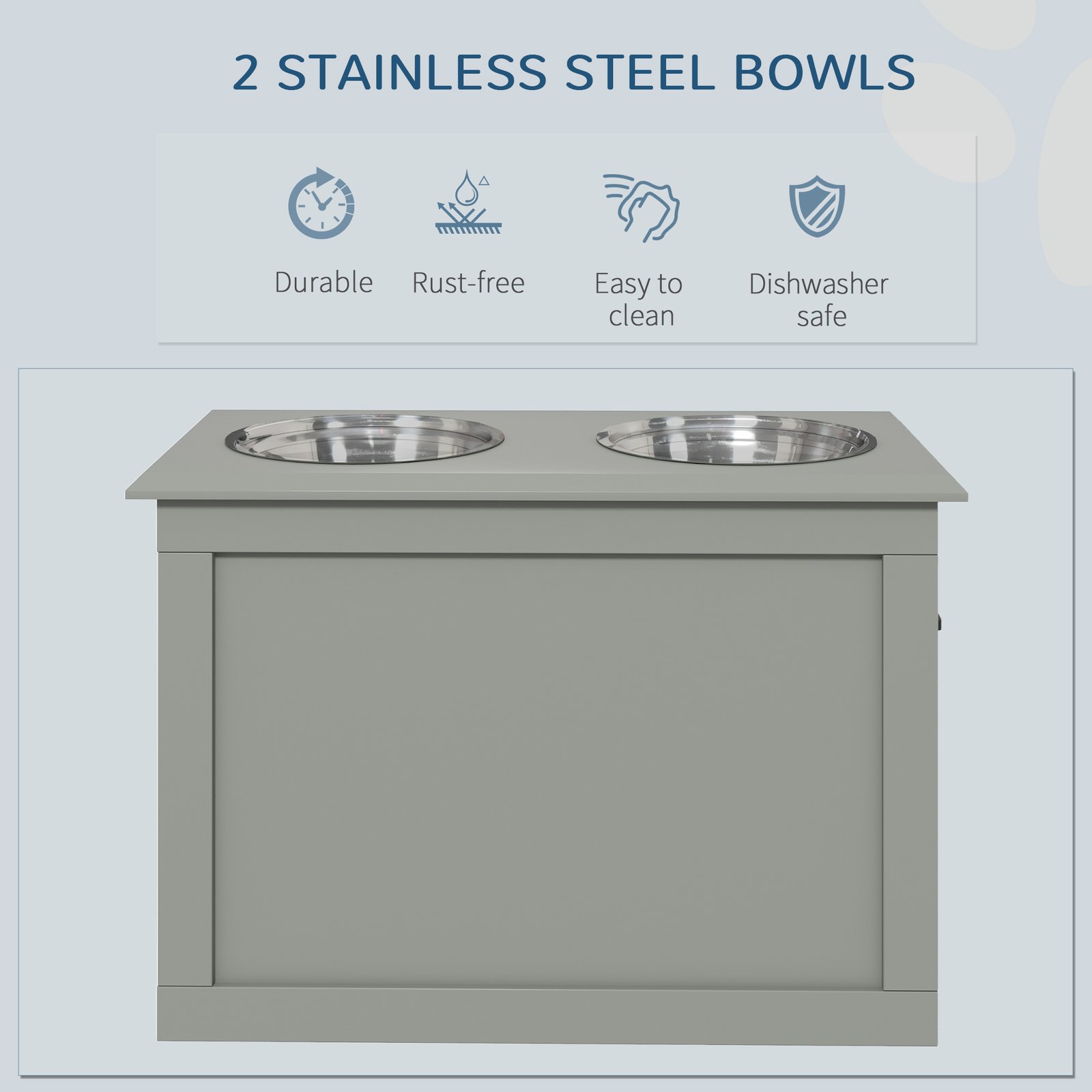 Raised Pet Feeding Storage Station With 2 Stainless Steel Bowls Base For Large Dogs And Other Large Pets, Gray - Image 4