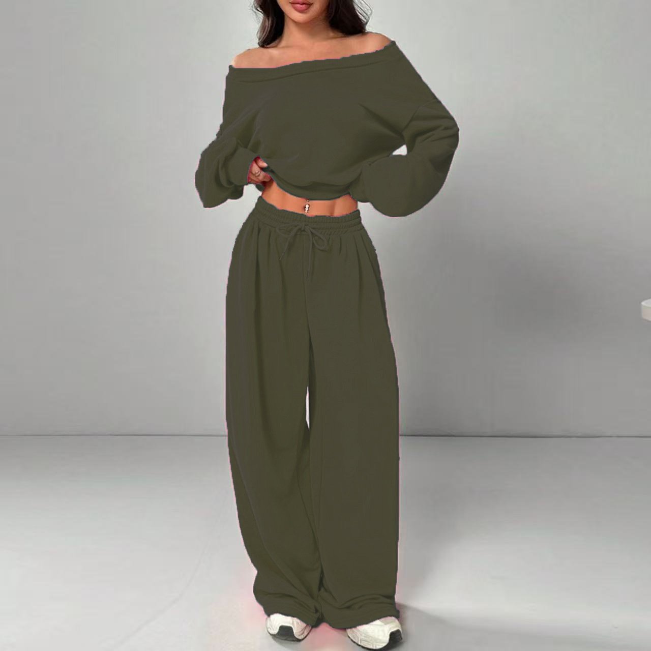 Women's Fashion Slim-fit Off-the-shoulder Navel Solid Color Casual Pants Suit - Image 4