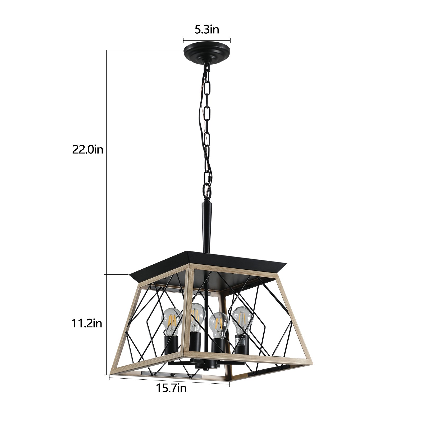 16in Oak Industrial 4-Light Pendant Chandelier, Modern Metal Cage Design, Adjustable Hanging Light For Dining Room, Kitchen, Living Room -No Bulbs - Image 8