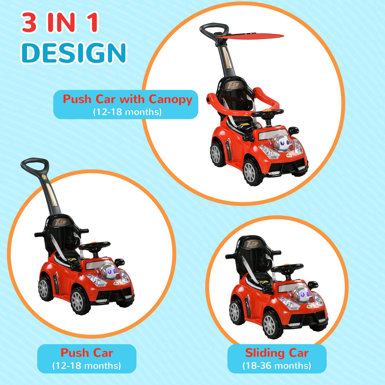 3 In 1 Push Car Sliding Car With Removable Handle, Music, Horn, Canopy, Safety Guardrail, Red - Image 3