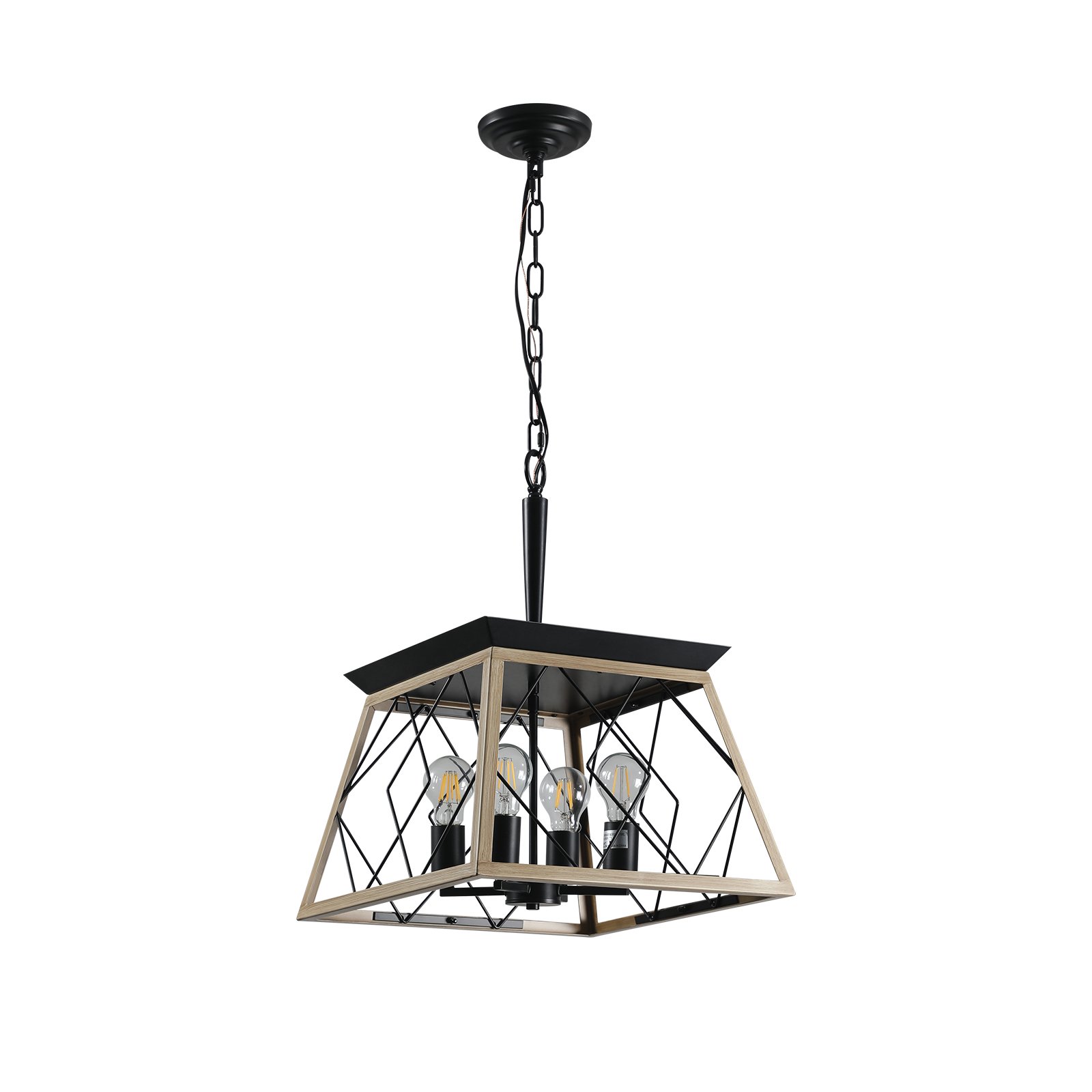 16in Oak Industrial 4-Light Pendant Chandelier, Modern Metal Cage Design, Adjustable Hanging Light For Dining Room, Kitchen, Living Room -No Bulbs - Image 6
