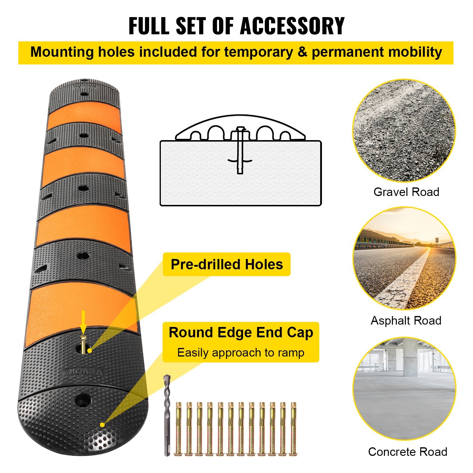 Rubber Speed Bump, 1 Pack 2 Channel Speed Bump Hump, 72 Long Modular Speed Bump Rated 22000 LBS Loading, 72.8 X 12.2 X 2.2 Garage Speed Bump For Asphalt Concrete Gravel Driveway With 2 End Cap - Image 11