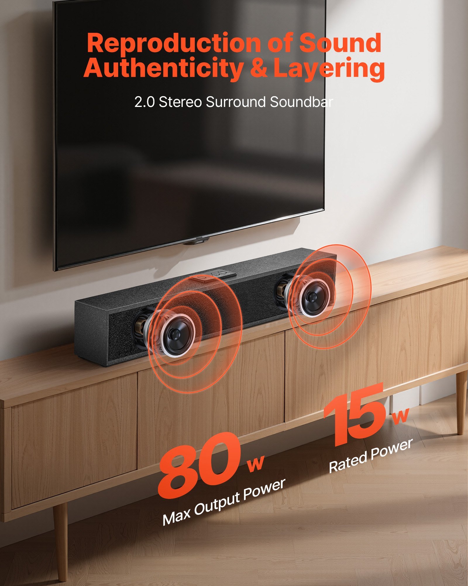 Sound Bar For Smart TV, 2.0 Channel, 24-Inch Compact Soundbar TV Speakers For Projector, Bluetooth AUX Connection, Remote Control, Easy Setup, 80W Surround Sound System For PC Home Theater Audio - Image 2