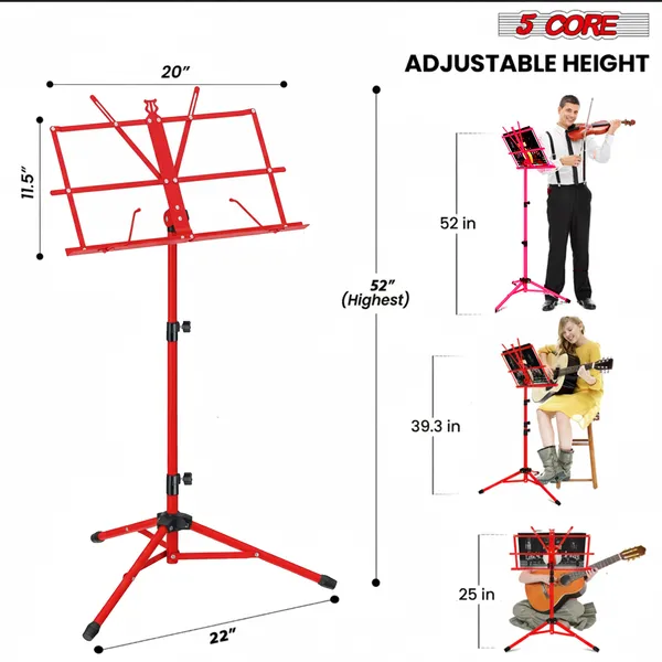 5 Core Music Stand Adjustable Desktop Book Stands Portable Sheet Holder All Metal Foldable Bookstand - MUS FLD RED - Image 2
