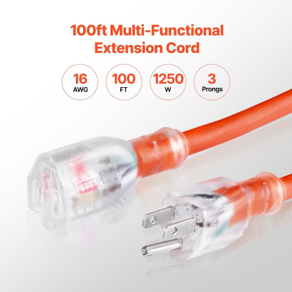 100FT Heavy Duty Extension Cord 16AWG 10A 1250W 3 Prongs With Lighted End —