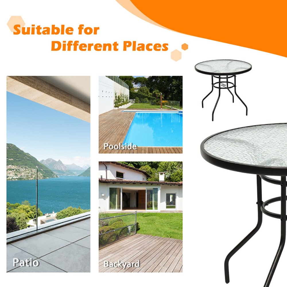 32 Inch Patio Tempered Glass Steel Frame Round Table With Convenient Umbrella Hole - Image 6