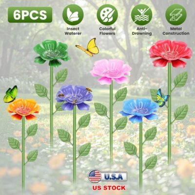 6Pack Metal Bee Watering Stations, Anti-Drowning Bee Butterfly Feeders Pollinator Stakes With Artificial Flowers For Outdoor Garden Courtyard Decor