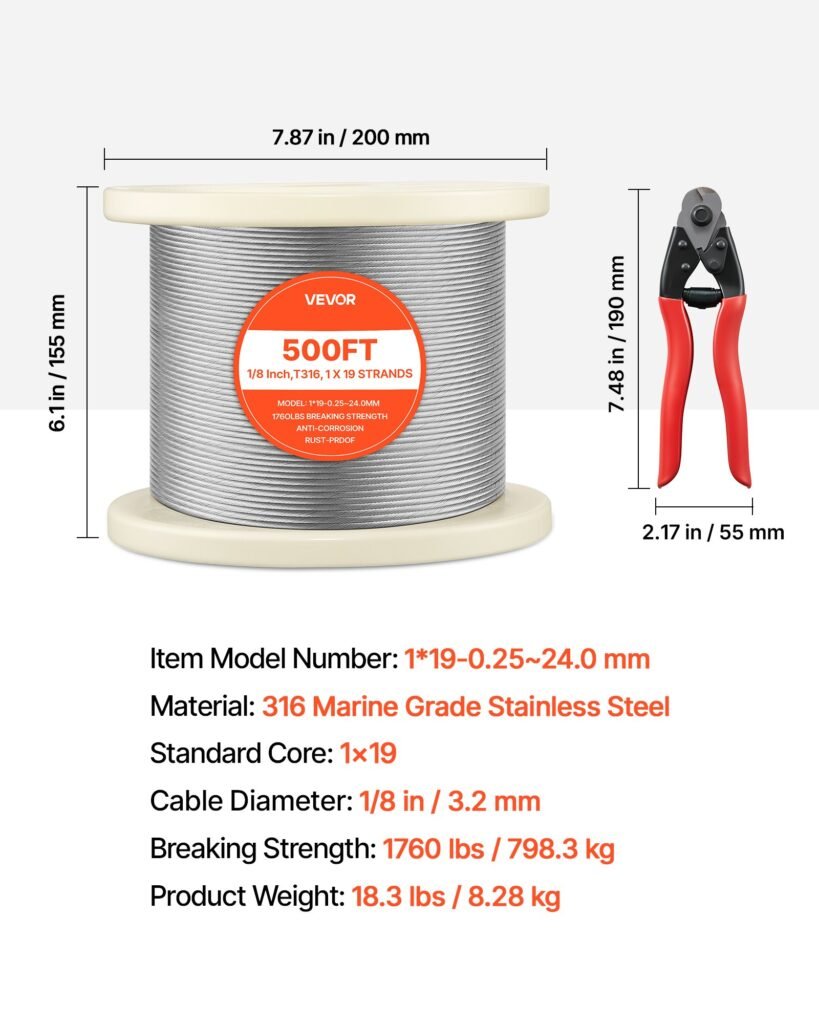 1/8 Inch Wire Rope, 500 Ft Length, 316 Stainless Steel Wire Cable With Cutter, 1760 Lbs Breaking Strength, 1 X 19 Strands Construction, Steel Cable For Deck Railing System, Garden Trellis —