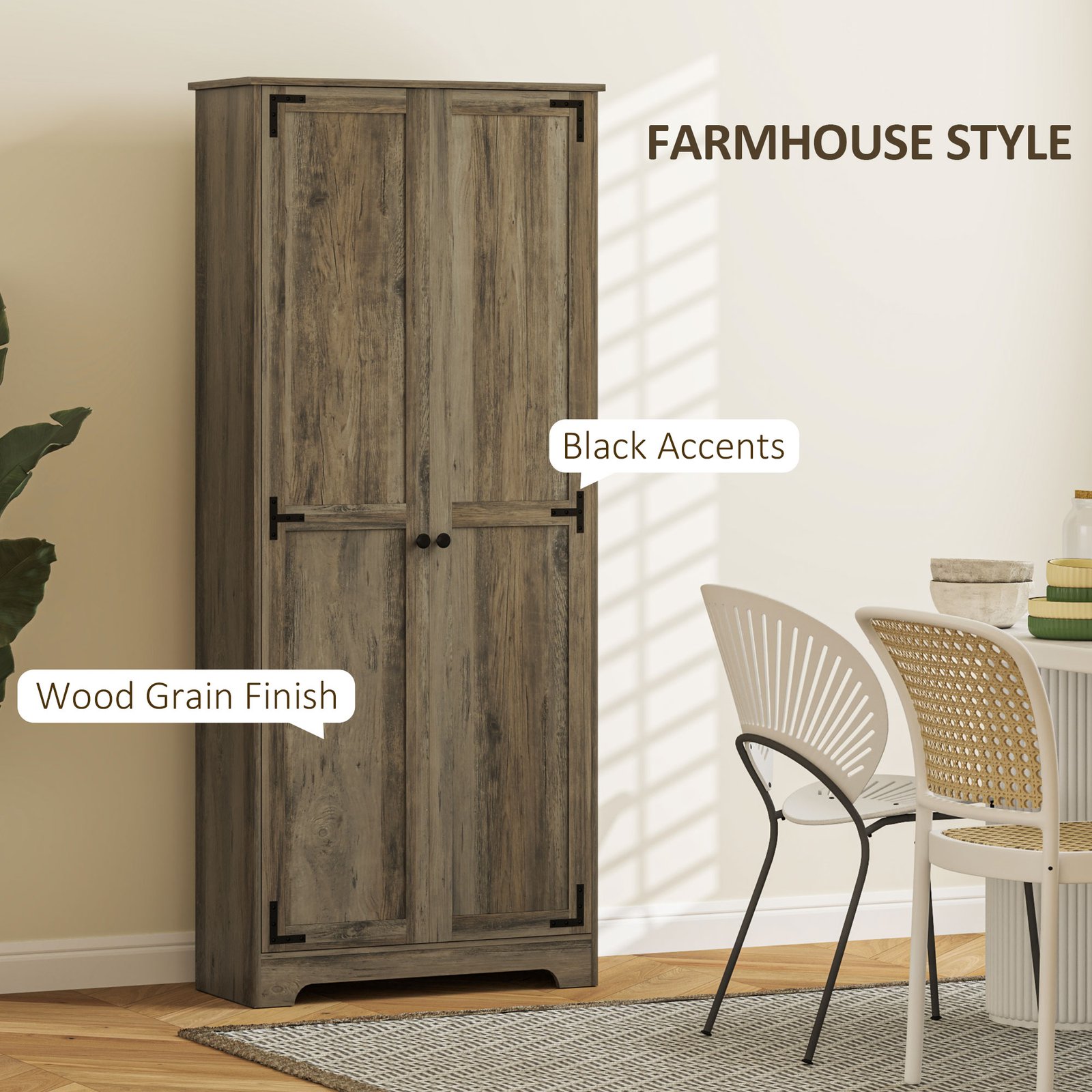 72" Farmhouse Pantry Cabinet, Freestanding Food Pantry Cabinet With Adjustable Shelves, Distressed Gray - Image 3