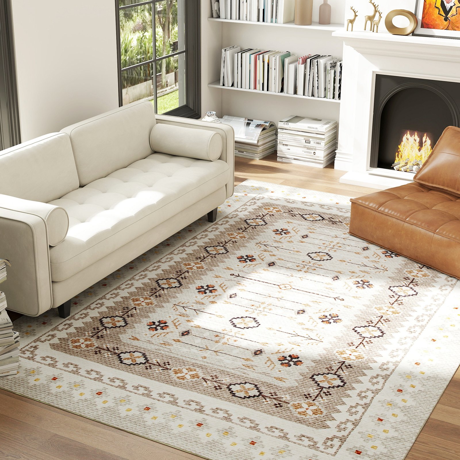 Machine Washable Area Rug 8x10, Non-Slip Boho Flannel Print Floor Carpet For Living Room, Bedroom, Dining Room, Brown - Image 2