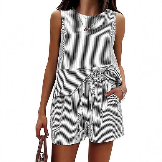 Vertical Striped Waist Round Neck Sleeveless Suit - Image 2