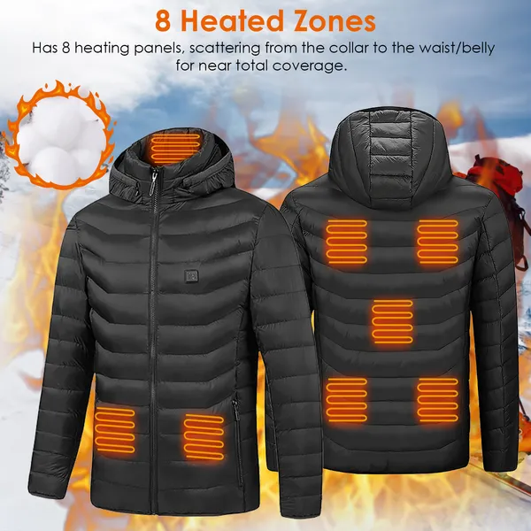 Heated Jacket Electric Heating Coat Lightweight Winter Hooded Jacket With 3-Level Heating Modes 8 Heating Zones Detachable Zipper Hood - Image 4