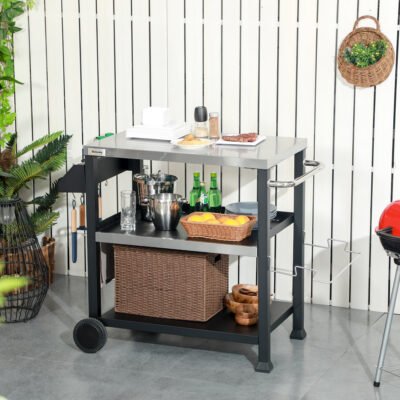 3-Shelf Outdoor Grill Cart Table With Side Handle, Stainless Steel Pizza Oven Stand On Wheels, Black