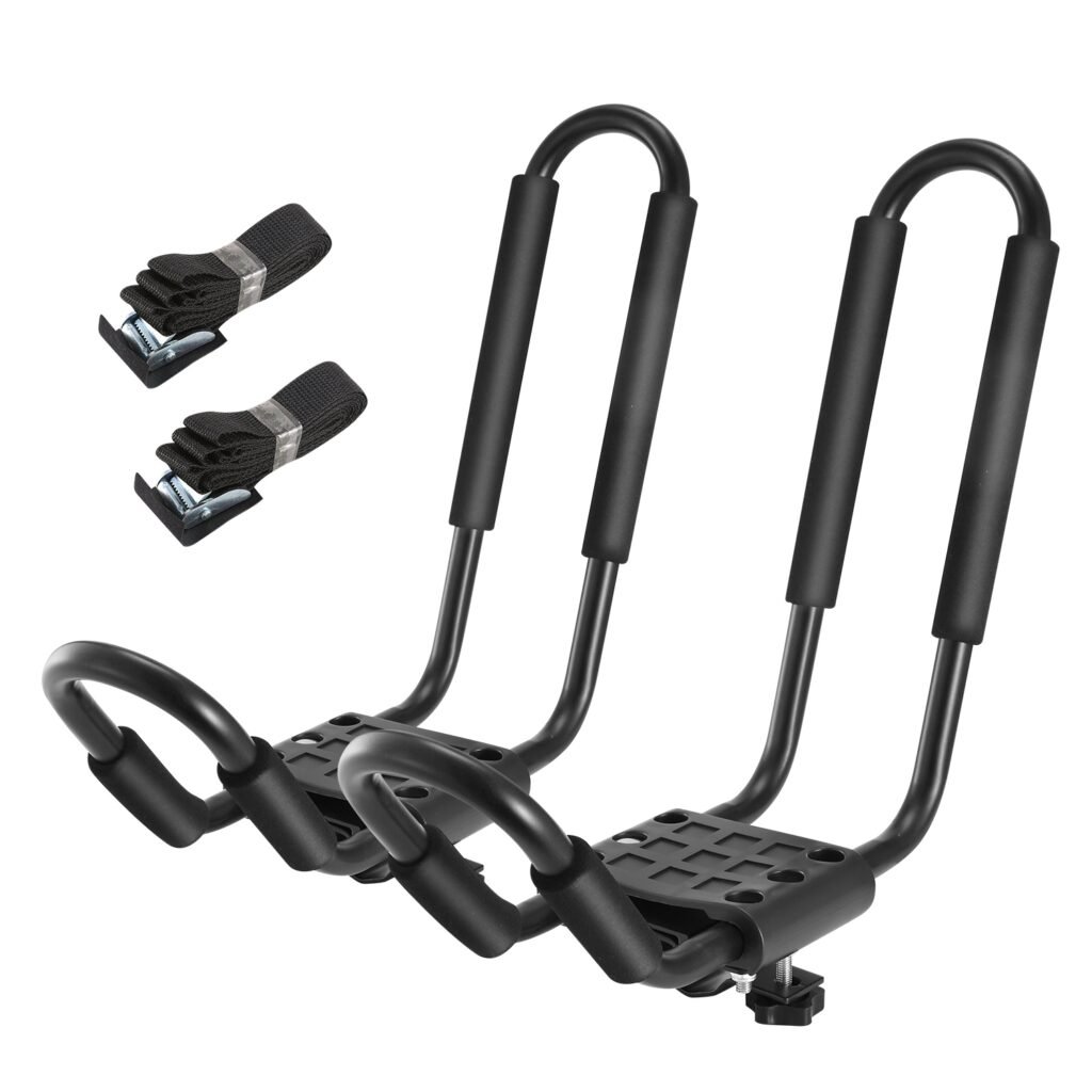 1 Pair Universal J-Bar Kayak Carrier 220LBS Load Heavy Duty Canoe Car Top Mount Carrier Roof Rack With 2Pcs Tie Down Straps —