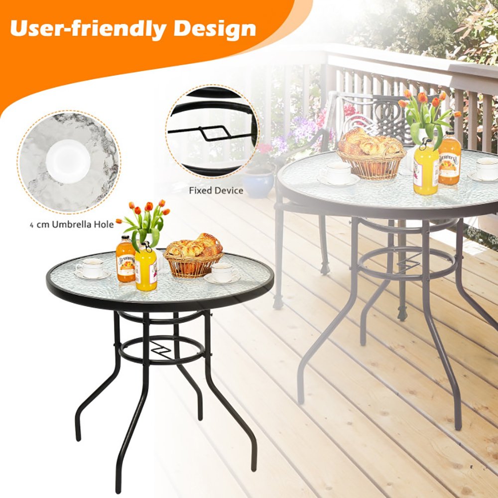 32 Inch Patio Tempered Glass Steel Frame Round Table With Convenient Umbrella Hole - Image 7