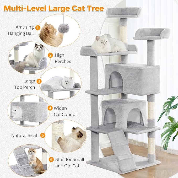 Made4Pets 56-inch Pet Cat Tree For Indoor Cats Multi-Level Cat Tree With 2 Apartments Cat Activity Center With Scratching Posts And Toys Light Gray