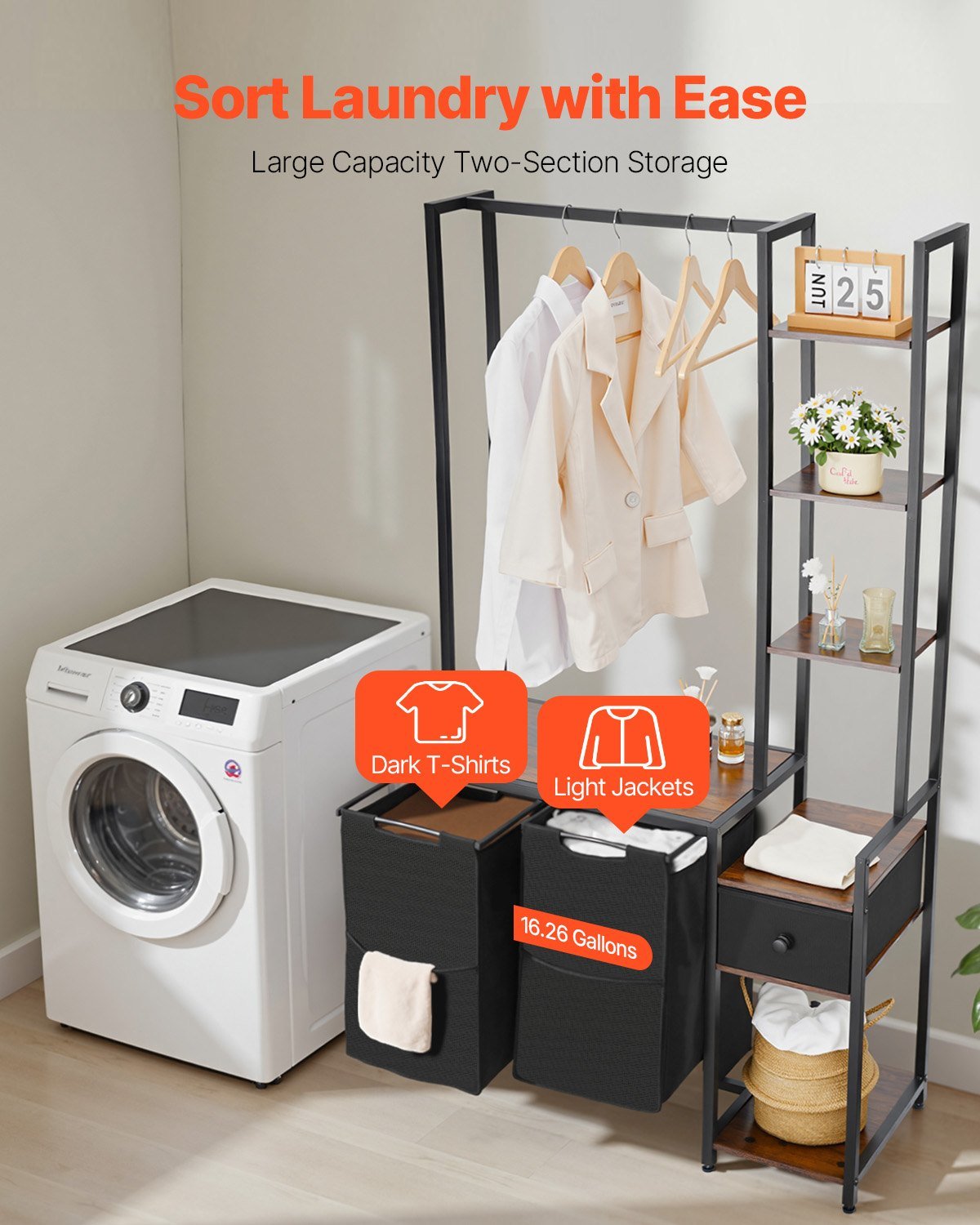 3 Tiers Laundry Sorter With Rack, Tall Laundry Hamper With Shelves And Drawers, 2 Section Freestanding Hanging Rack Storage With 600D Oxford Cloth Bags And Ladder Shelves For Dirty Clothes - Image 3