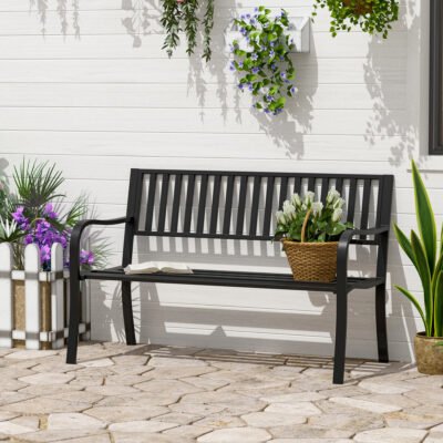 50" Outdoor Garden Bench, Patio Bench With Slatted Seat, Metal Porch Bench For Backyard, Poolside, Lawn, Black