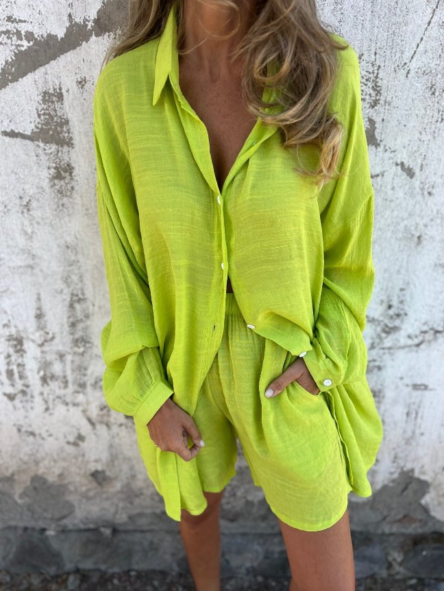 2pcs Loose Long-sleeved Shirt Suit With Lapel Button Tops And Elasticated Shorts Fashion Casual Clothing For Women - Image 4