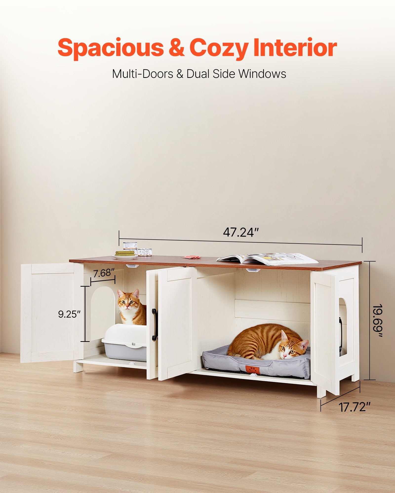 Cat Litter Box Enclosure For Multi Cats, 47.2 In Hidden Litter Box Cabinet With 4 Doors & 2 Entries, Indoor Cat Washroom, Wooden Kitty House Furniture, Fit Most Litterboxes, Brown & White - Image 2