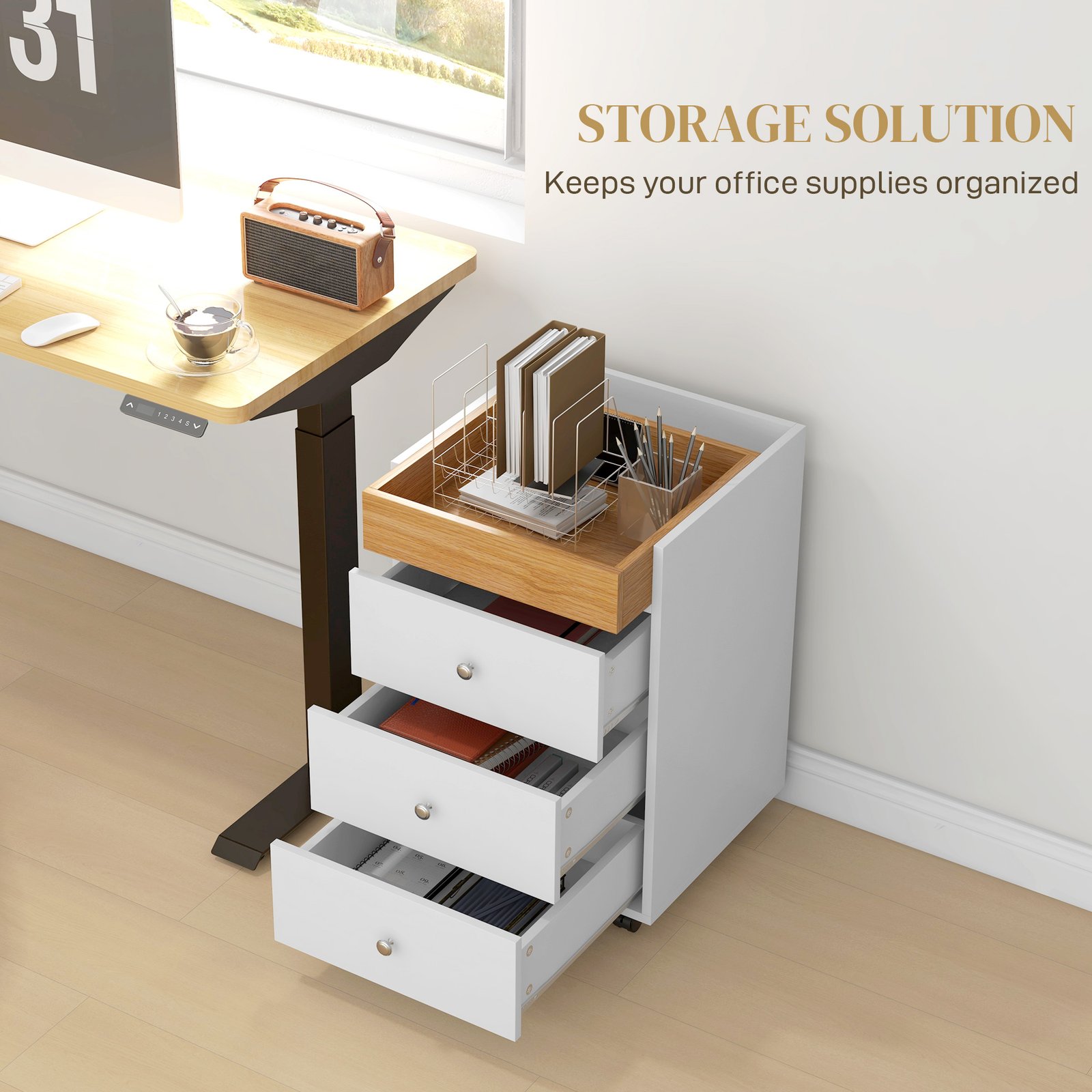 3 Drawer File Cabinet On Wheels Mobile Home Office Storage Cabinet With Top Tray Under Desk Printer Stand, White - Image 3