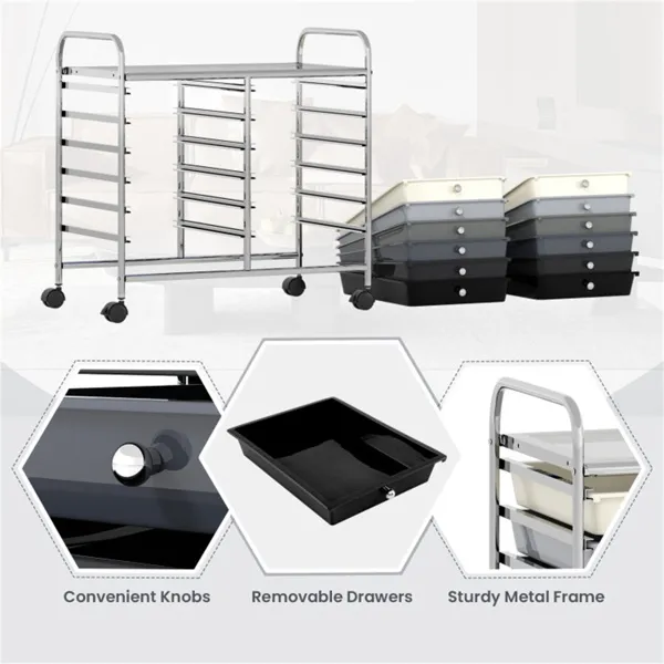 12-Drawer Rolling Storage Cart - 2-Row 10-Storey, Multicolor Drawers, 4 Wheels (2 Brake), -Gray - Image 4