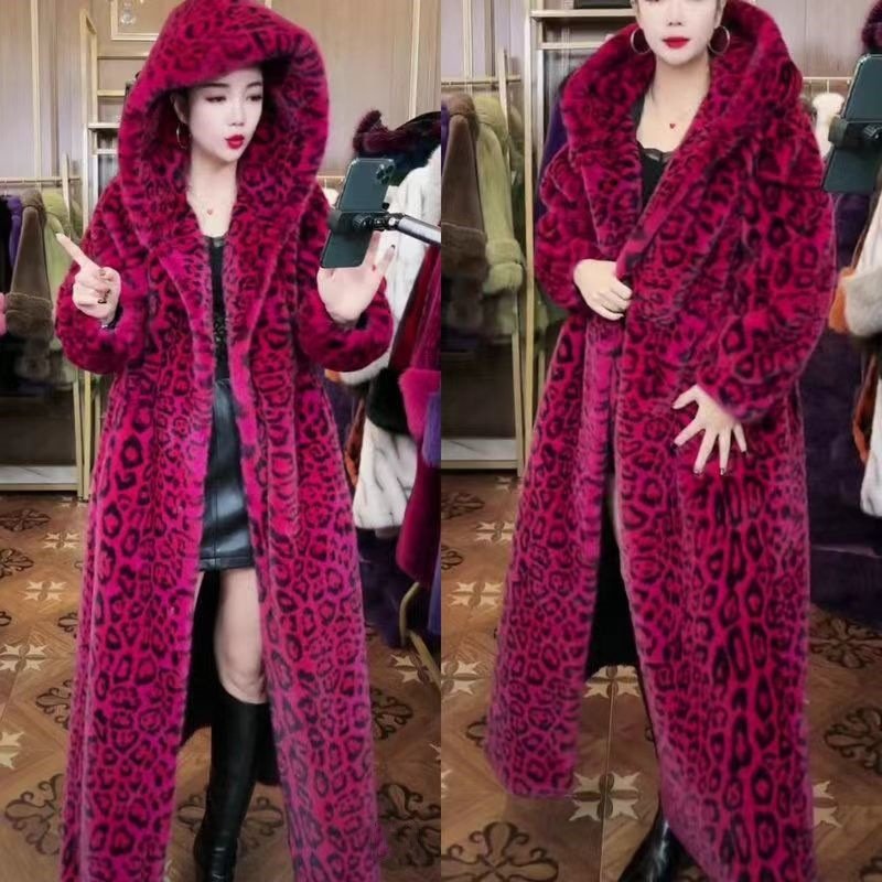 Loose Plus Size Long Leopard Print Fur Coat - Image 3
