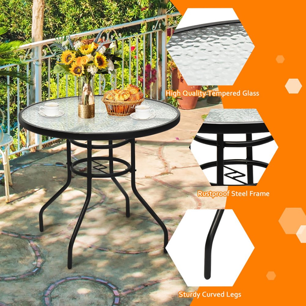 32 Inch Patio Tempered Glass Steel Frame Round Table With Convenient Umbrella Hole - Image 9