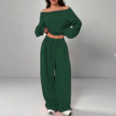 Women's Fashion Slim-fit Off-the-shoulder Navel Solid Color Casual Pants Suit