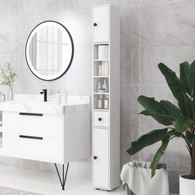 71" Small Bathroom Storage Cabinet, Narrow Toilet Paper Cabinet With Open Shelves, 2 Cabinets, Adjustable Shelves, White