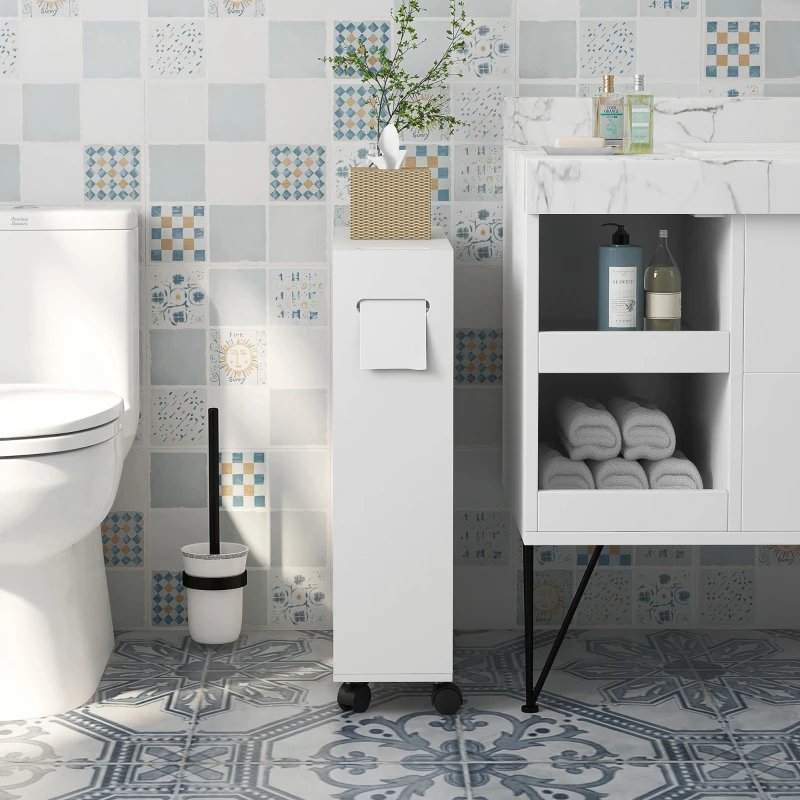 Kleankin Toilet Paper Cabinet, Slim Bathroom Cabinet With 4 Rolling Wheels, Small Bathroom Storage Cabinet With Paper Holes, Sliding Doors And Adjustable Shelf For Small Space, White - Image 6