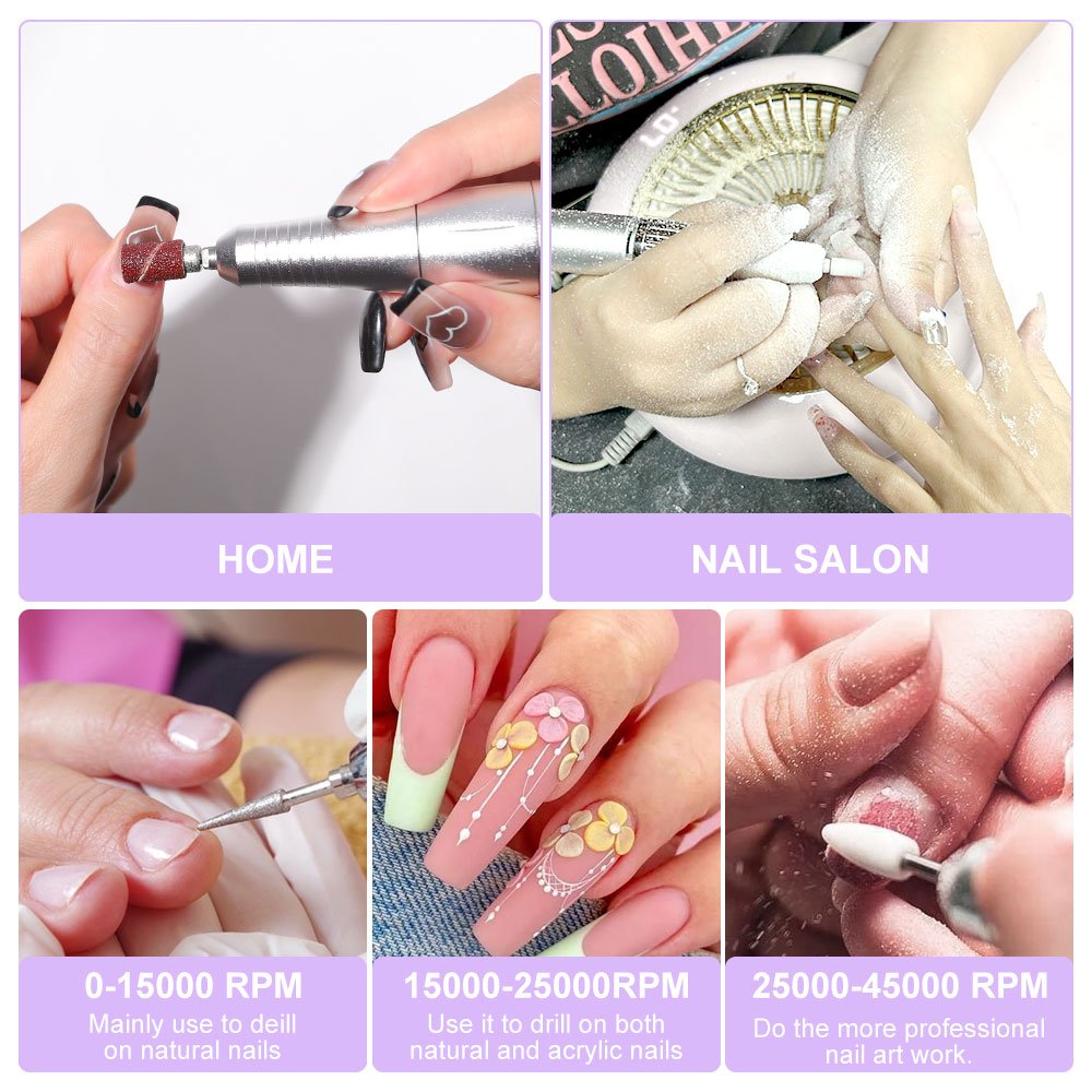 Electric Nail Drill Professional 45000RPM - Rechargeable Nail Drill Kit Portable Electric Nail File With Complete Bits For Acrylic Nails Gel Polishing Removing - Image 5