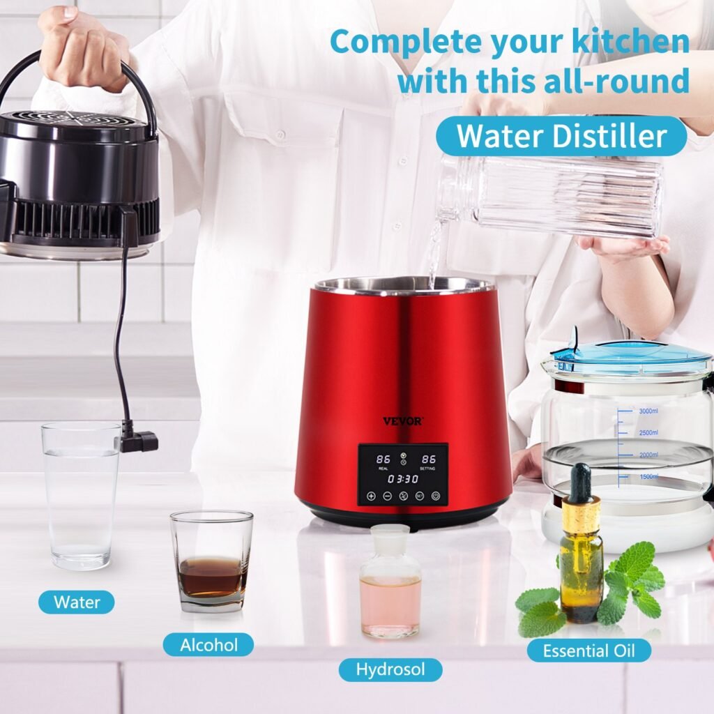 1.1Gal Water Distiller, 750W Distilled Water Maker Machine 0-99H Timing Dual Temp Display, 304 Stainless Steel Countertop Distiller Glass Carafe Cleaning Powder 3 Carbon Packs, Red —