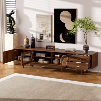 78inch TV Stand For TVs Up To 85, Modern TV Cabinet With Fluted Glass Doors  2 Drawers, For Living Room, Entertainment Center With Cable Management, Solid Wood Legs