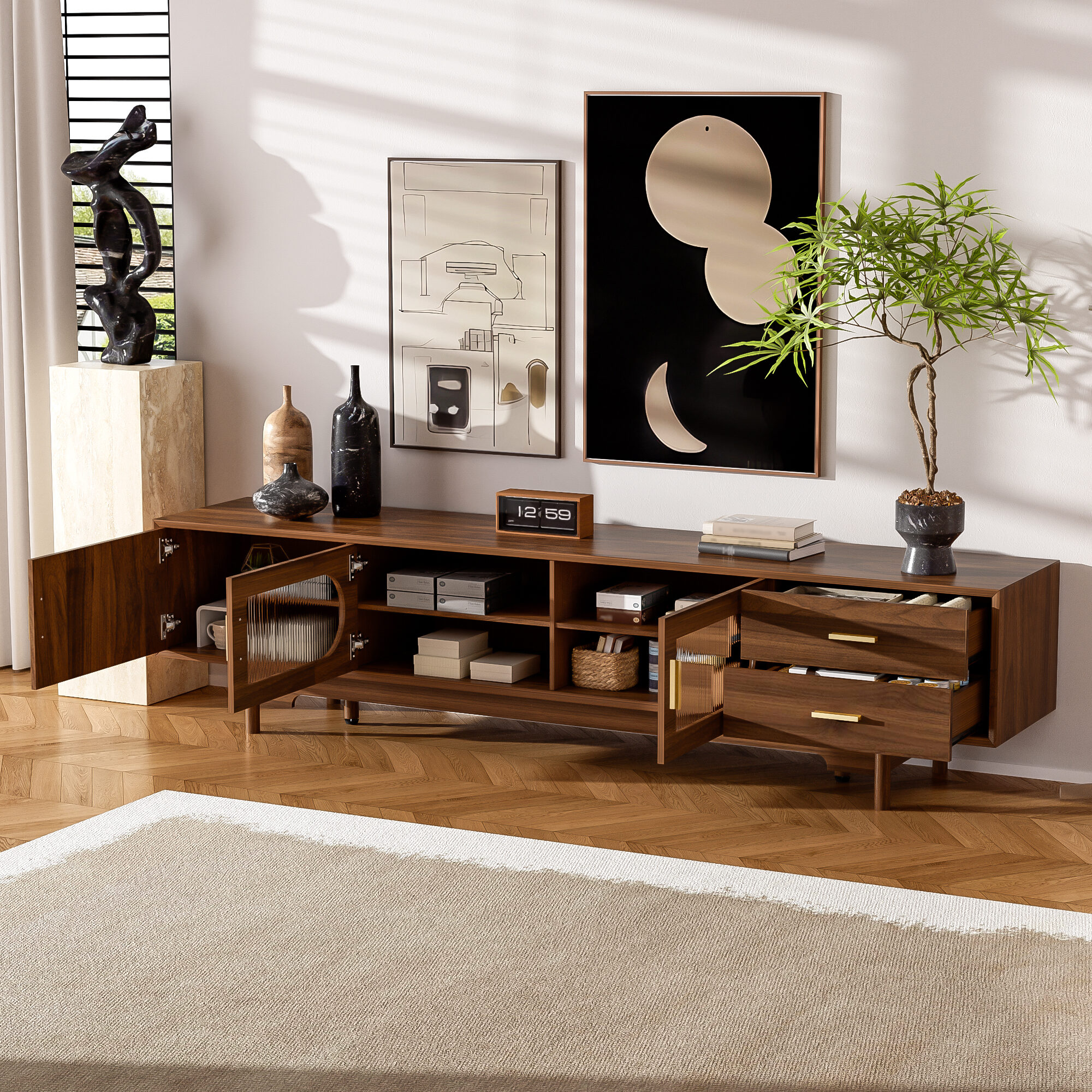 78inch TV Stand For TVs Up To 85, Modern TV Cabinet With Fluted Glass Doors 2 Drawers, For Living Room, Entertainment Center With Cable Management, Solid Wood Legs