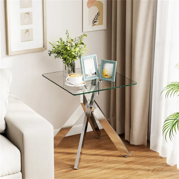 20" X 20" X 22.5" Glass Side Table, Silver Tempered Glass End Table With Intersecting Metal Base - Image 4