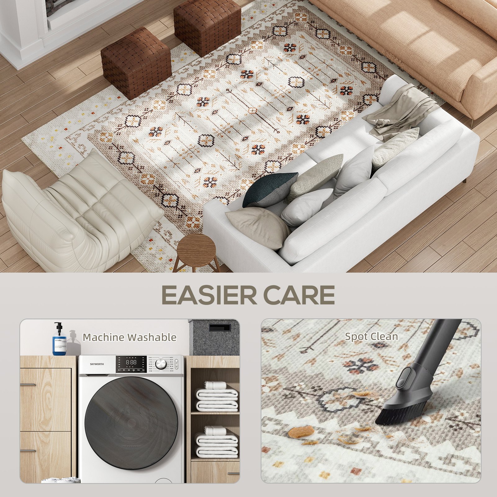 Machine Washable Area Rug 8x10, Non-Slip Boho Flannel Print Floor Carpet For Living Room, Bedroom, Dining Room, Brown - Image 4