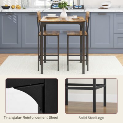 3 Piece Pub Table and Chairs, Small Kitchen Table and Chairs, Square Dining Table with 2 Stools, Rustic Brown and Black
