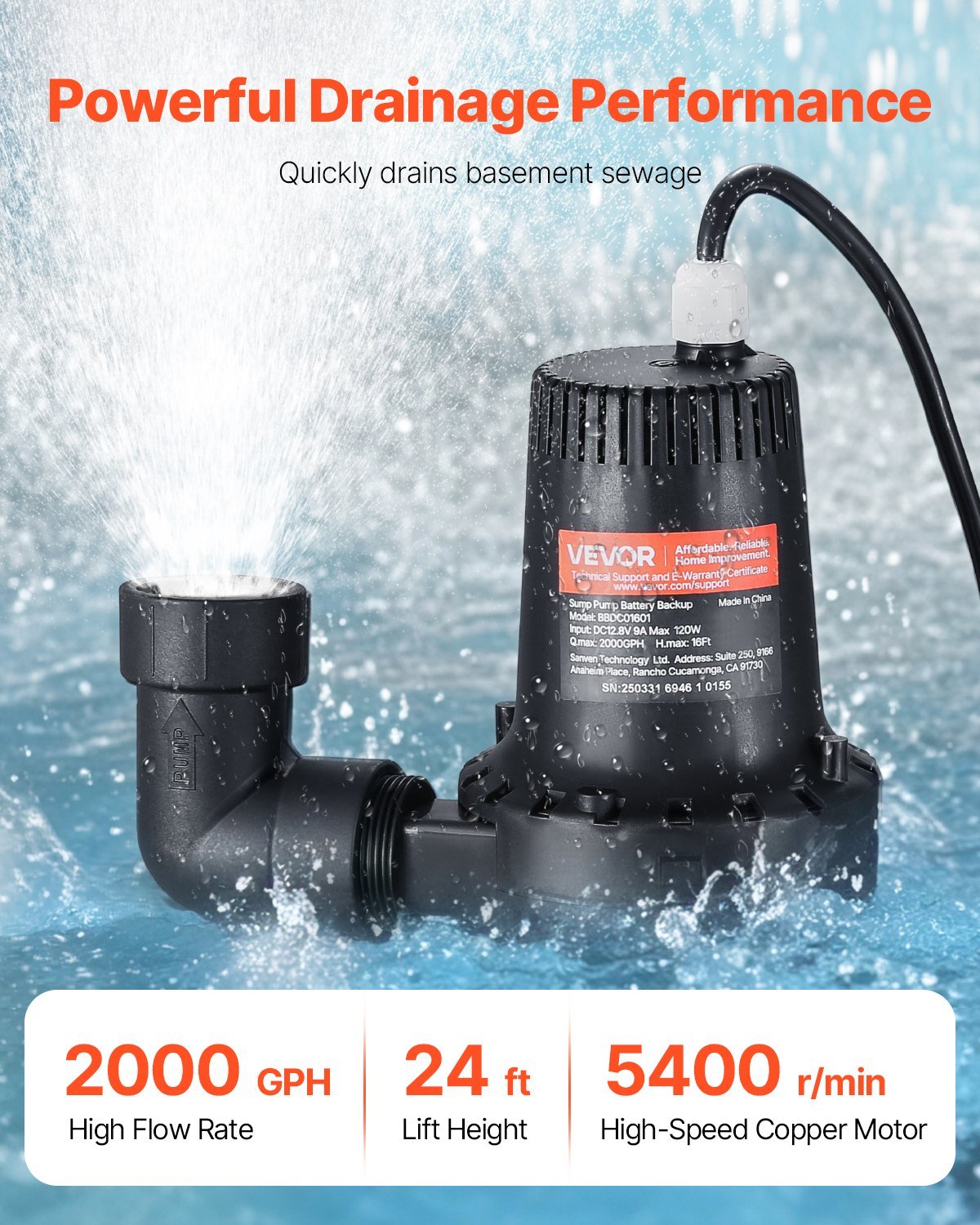 Basement Emergency Back-Up Sump Pump Backup Sump Pump System 2000GPH 0.17 HP - Image 3
