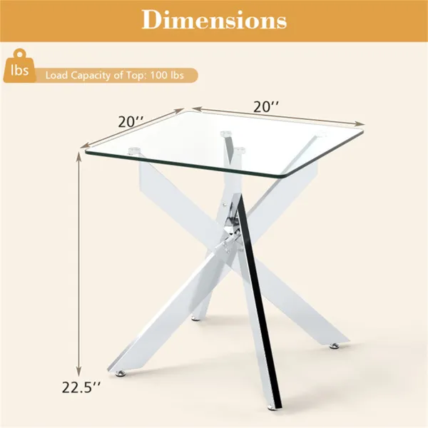 20" X 20" X 22.5" Glass Side Table, Silver Tempered Glass End Table With Intersecting Metal Base - Image 5