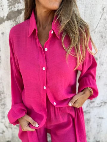 2pcs Loose Long-sleeved Shirt Suit With Lapel Button Tops And Elasticated Shorts Fashion Casual Clothing For Women - Image 2