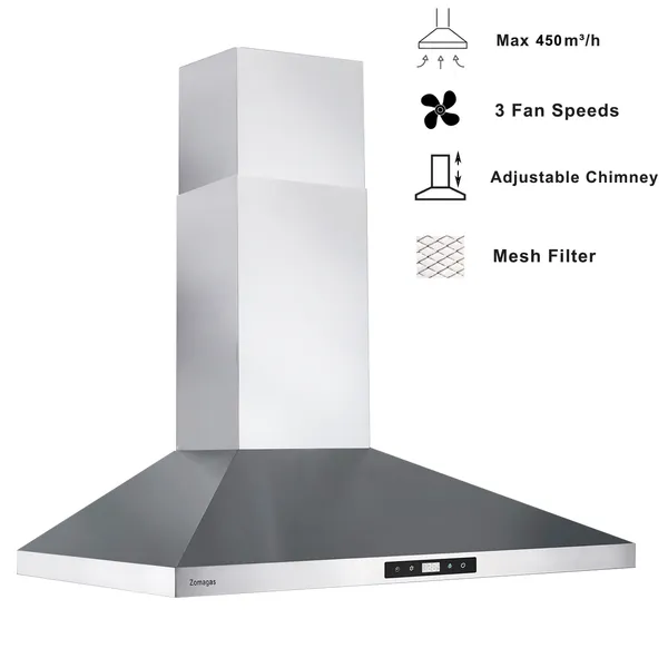 30 Inch Range Hood Wall Mounted 450 CFM Touch Panel Kitchen Stainless Steel Vented - Image 3