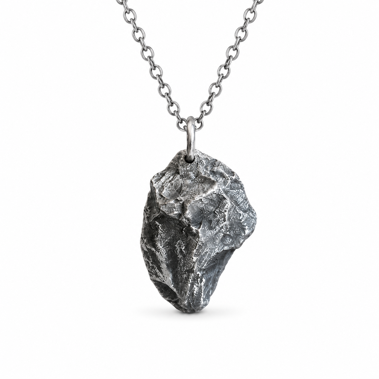 Raw Meteorite Stone Shape Antiqued Pendant Necklace For Men, Copper Plated Silver Irregular Rough Rock Vintage Gothic Biker Casual Street Jewelry Gift