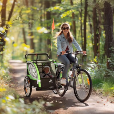 2-in-1 Walk/Ride Child Baby Bike Trailer For Kids 2 Seater, High-Visibility Bike Stroller For Toddler Wagon, Weather-Strong Double Bicycle Trailer Accessory For Kids, Green