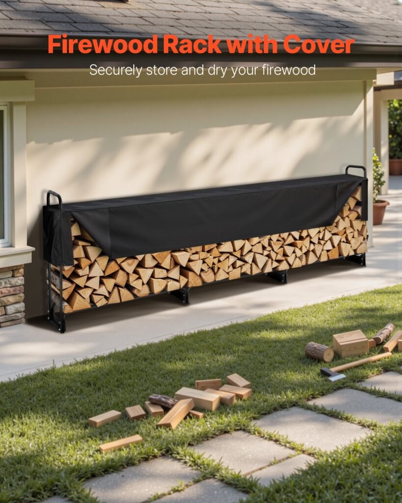 12.7FT Outdoor Firewood Rack With Cover, 152x14.2x46.1in,Heavy Duty Firewood Holder & 600D Oxford Waterproof Cover For Fireplace, Patio, Indoor/Outdoor Log Storage Rack For 3/4 Cord Of Firewood —