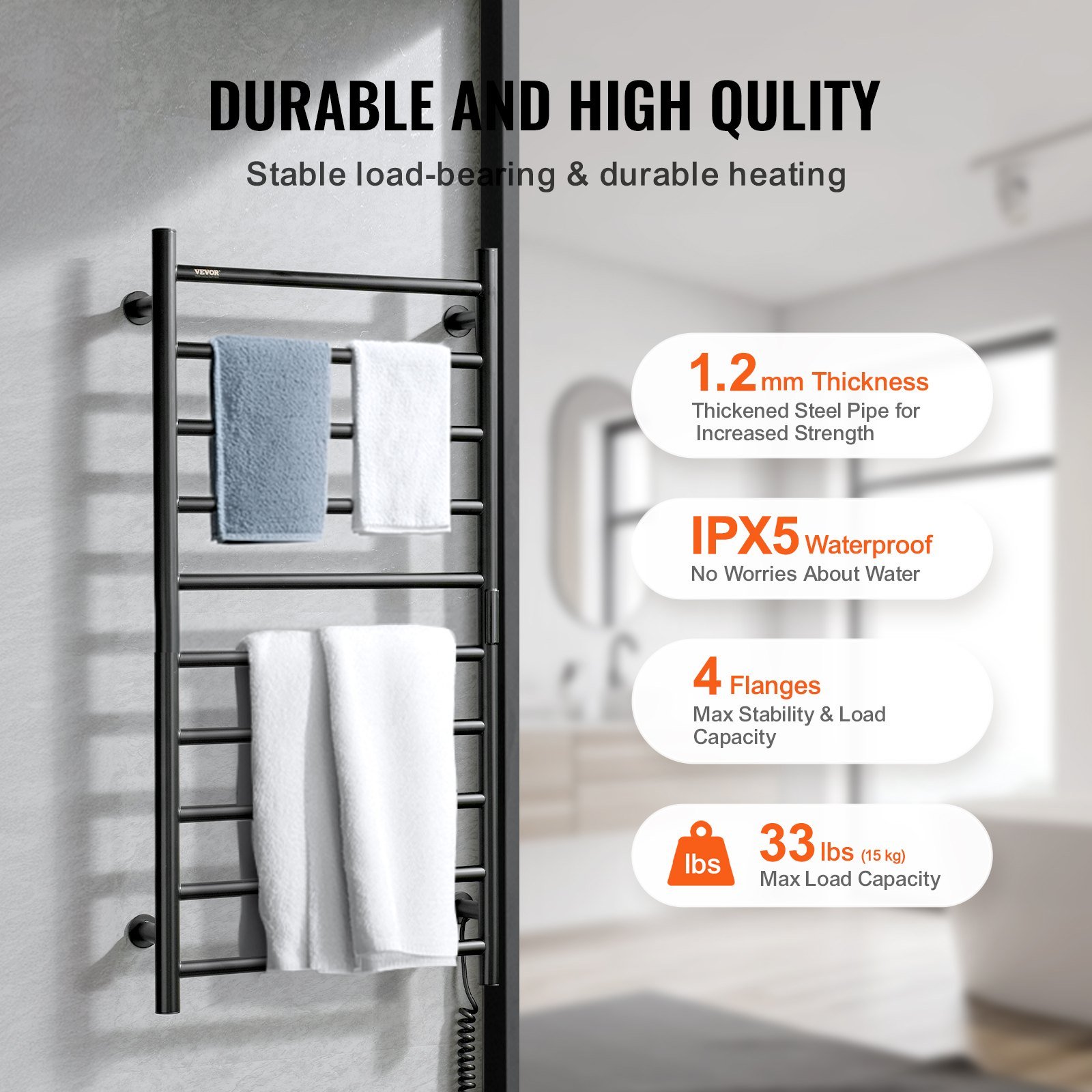 10-Bar Towel Warmer Rack Wall Mounted Heated Towel Rack For Bathroom Black - Image 4