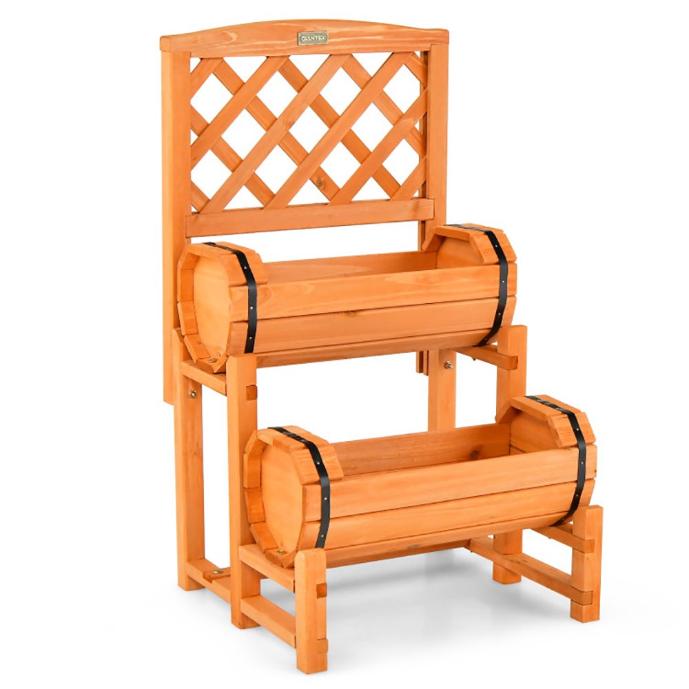 Wooden 2-Tier Raised Garden Bed With 2 Cylindrical Planter Boxes And Trellis