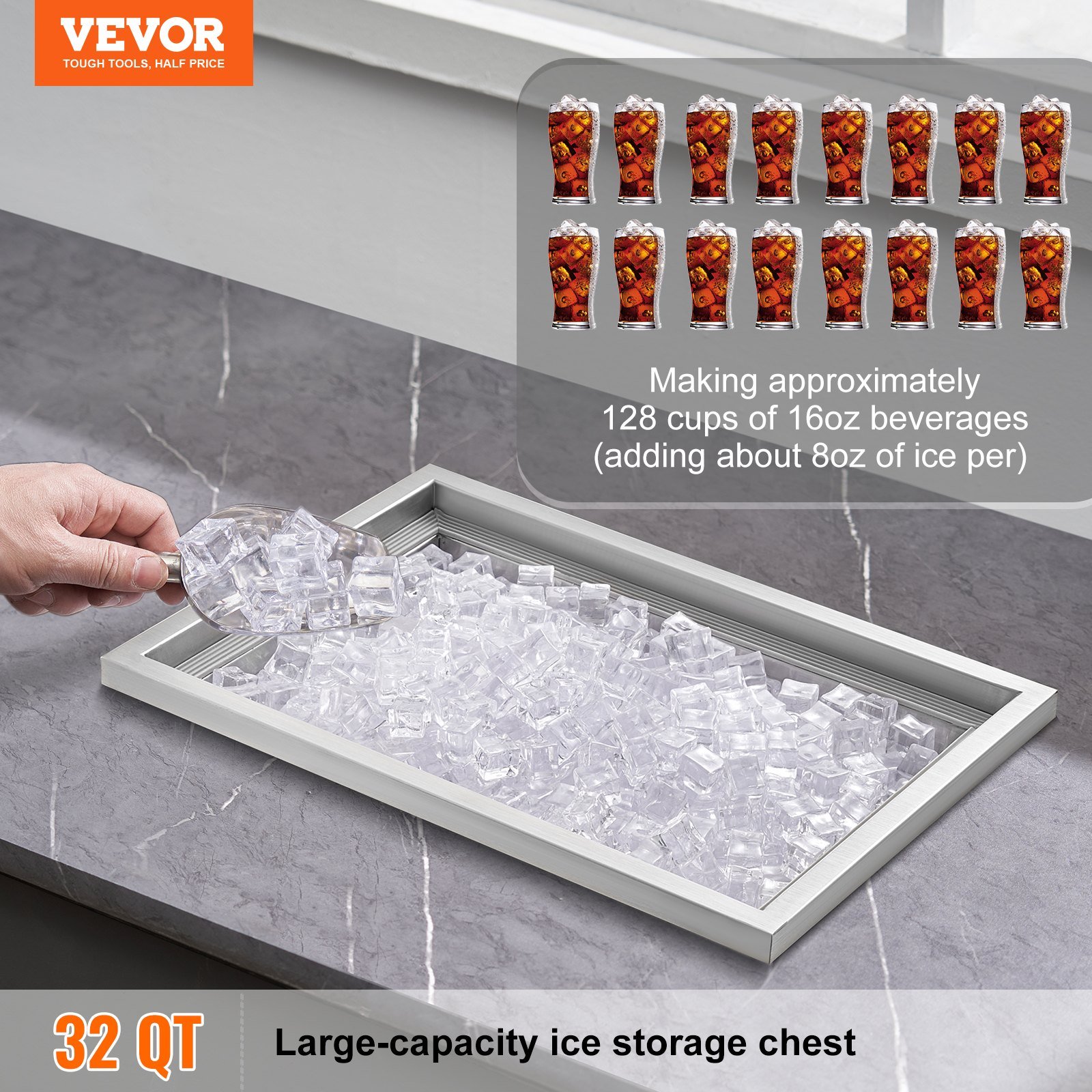 Drop In Ice Chest, 20'L X 14'W X 12'H Stainless Steel Ice Cooler, Commercial Ice Bin With Cover, 40 Qt Outdoor Kitchen Ice Bar, Drain-pipe And Drain Plug Included, For Cold Wine Beer - Image 2