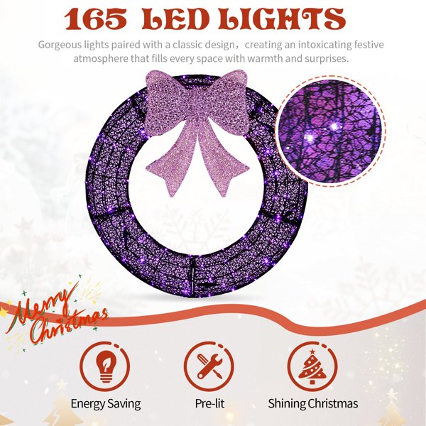 36in Pre-lit Outdoor Christmas Wreath Decoration, Lighted Metal Wreath With Purple Bow, Remote Control LED Lights With Timer, For Front Door Gate Wall Indoor Outdoor Holiday Party - Image 12