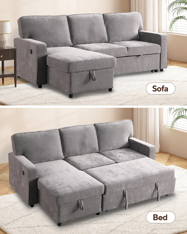 Upholstery Sleeper GREY Sectional Sofa With Storage Space, USB Port, 2 Cup Holders On Back Cushions - Image 16